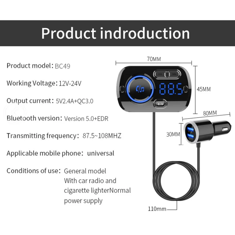 BC49BQ Car Digital Radio Receiver Bluetooth MP3 Player FM Transmitter Voice Assistant QC3.0 Quick Charger - Image 6