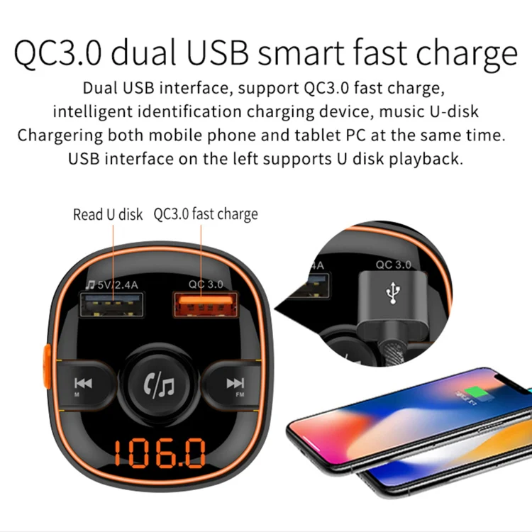 BC52 QC3.0 Fast Charging Car Colorful Atmosphere Light Bluetooth MP3 Player FM Transmitter - Image 8