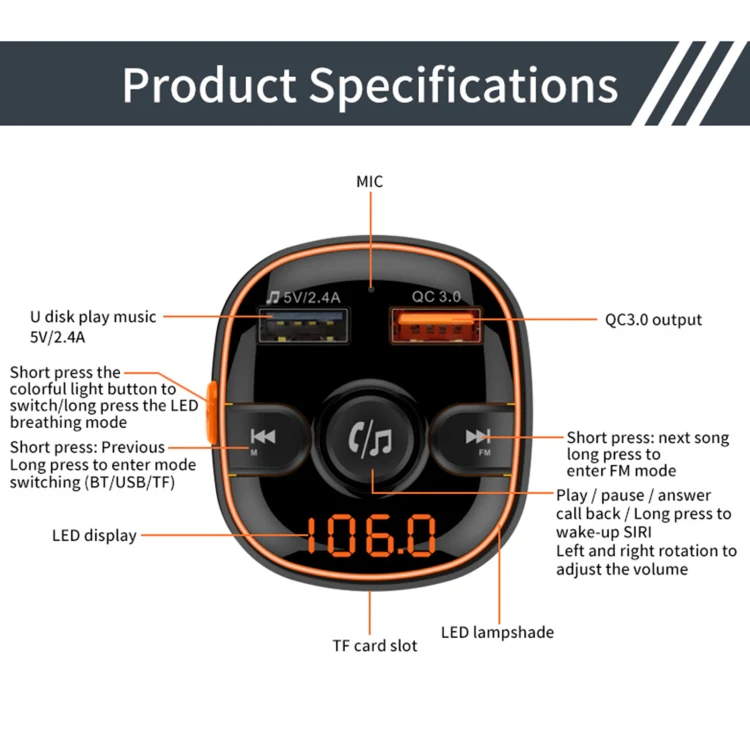 BC52 QC3.0 Fast Charging Car Colorful Atmosphere Light Bluetooth MP3 Player FM Transmitter - Image 9