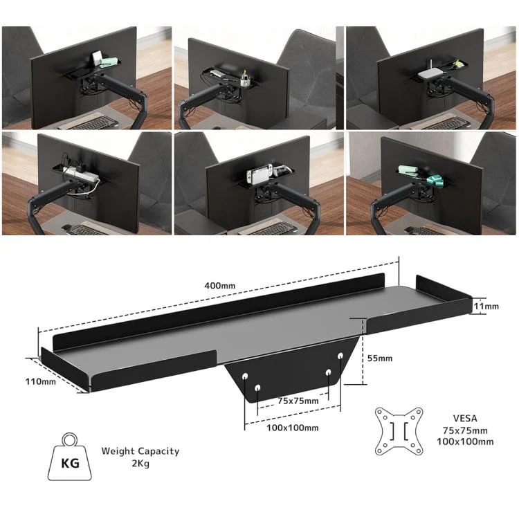 Behind The Monitor Organizer Shelf VESA Mount Tray Hidden Storage for Mini PC, Headphones & Speakers(Black) - Image 6