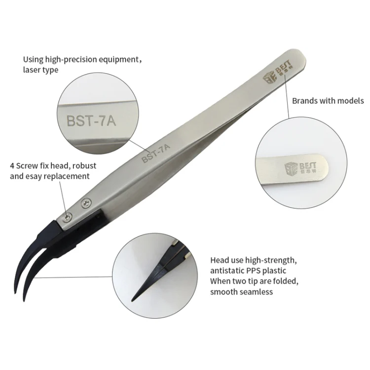 BEST BST-7A  Curved Head Tweezers for Mobile Phone / Computer Repair - Image 5