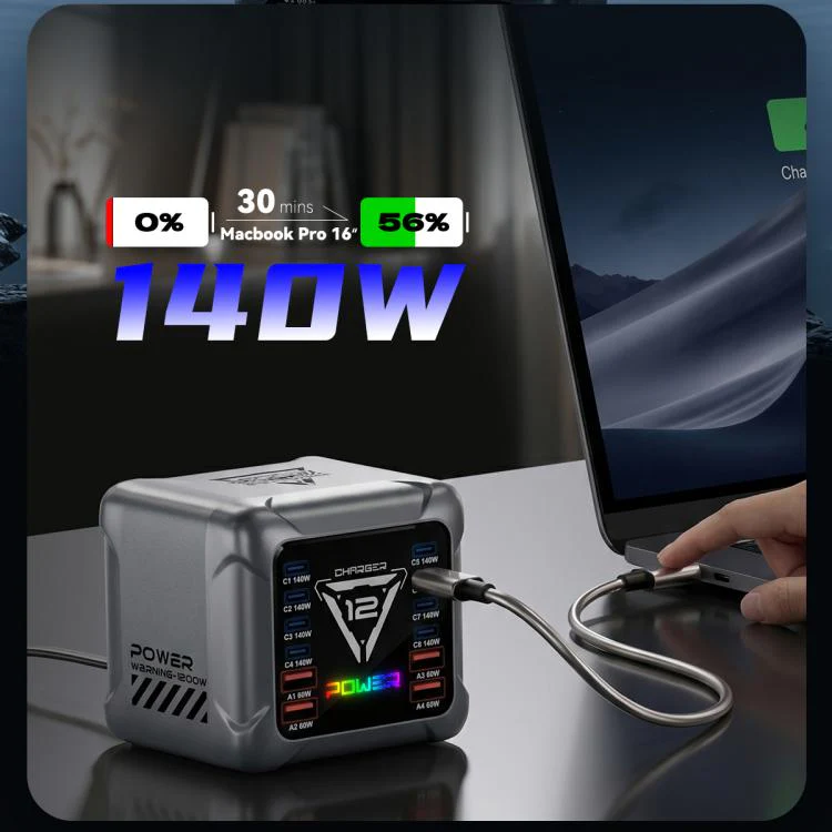 BK-127D 1200W GaN Multi Interface Desktop Charger with RGB Touch Lighting, Plug:EU Plug - Image 7