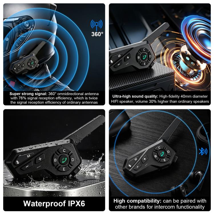 Black Motorcycle Helmet Waterproof Wireless Walkie-Talkie Bluetooth Earphone(Two) - Image 6