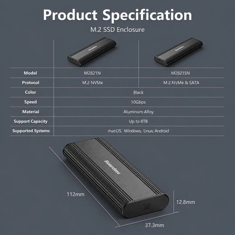 Blueendless 2821N M.2 NVME SSD Enclosure 10Gbps Aluminum USB-C 3.2 Solid State Drives, Supports Max 8TB - Image 8