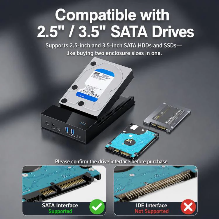 Blueendless 3.5/2.5 Inch SATA External Hard Drive Enclosure With Built-In USB 3.0 Hub USB To SATA HDD SSD Case Max 20TB UK Plug - Image 10
