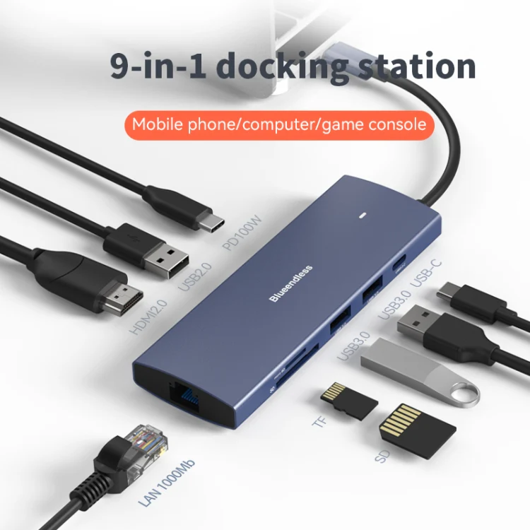 Blueendless 4K60Hz + Gigabit LAN + Data Type-C Docking Station, Spec: 9-in-1 Reading Card Gray - Image 5