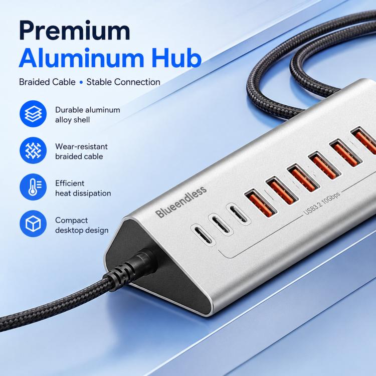 Blueendless 7 Ports TYPE-C Splitter 10Gbps Braided Cable Extension Hub, Interface: 15W USB3.2 x 4+TYPE-C3.2 x 3 - Image 3
