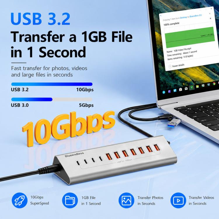 Blueendless 7 Ports TYPE-C Splitter 10Gbps Braided Cable Extension Hub, Interface: 15W USB3.2 x 4+TYPE-C3.2 x 3 - Image 4