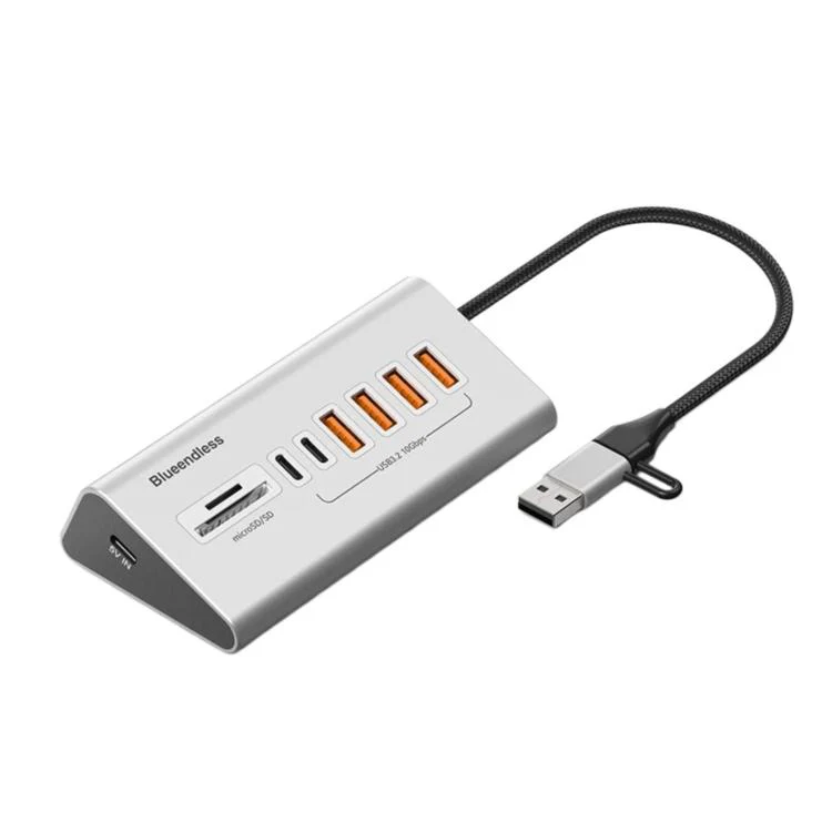 Blueendless 8 Ports TYPE-C Splitter 10Gbps Braided Cable Extension Hub, Interface: 15W USB3.2 x 4+TYPE-C3.2 x 2+SD/TF3.0