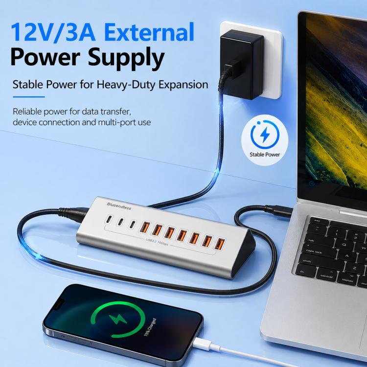 Blueendless 8 Ports TYPE-C Splitter 10Gbps Braided Cable Extension Hub, Interface: 15W USB3.2 x 4+TYPE-C3.2 x 2+SD/TF3.0 - Image 5