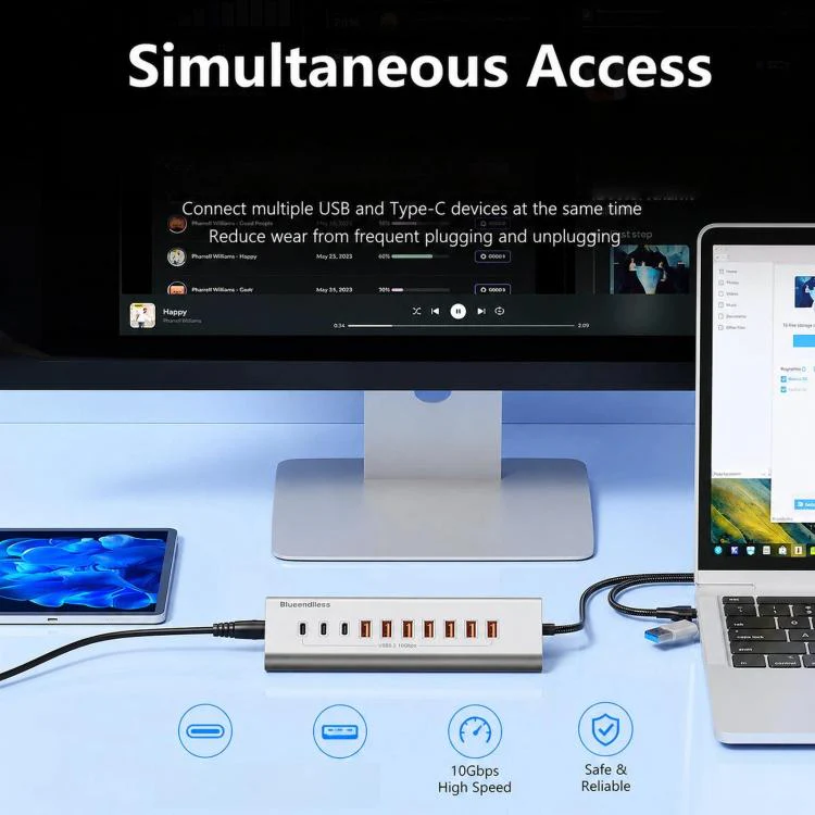 Blueendless 8 Ports TYPE-C Splitter 10Gbps Braided Cable Extension Hub, Interface: 15W USB3.2 x 4+TYPE-C3.2 x 2+SD/TF3.0 - Image 6