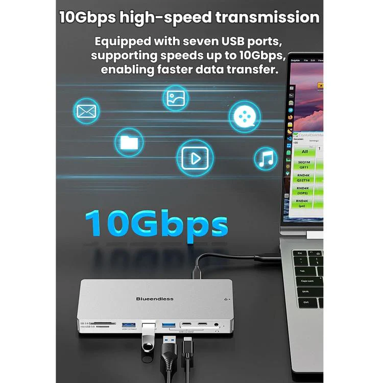 Blueendless Desktop Type-C Docking Station With 4K 60Hz Gigabit Ethernet USB 3.2 Ports(14 in 1) - Image 6