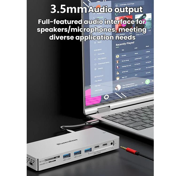 Blueendless Desktop Type-C Docking Station With 4K 60Hz Gigabit Ethernet USB 3.2 Ports(14 in 1) - Image 7