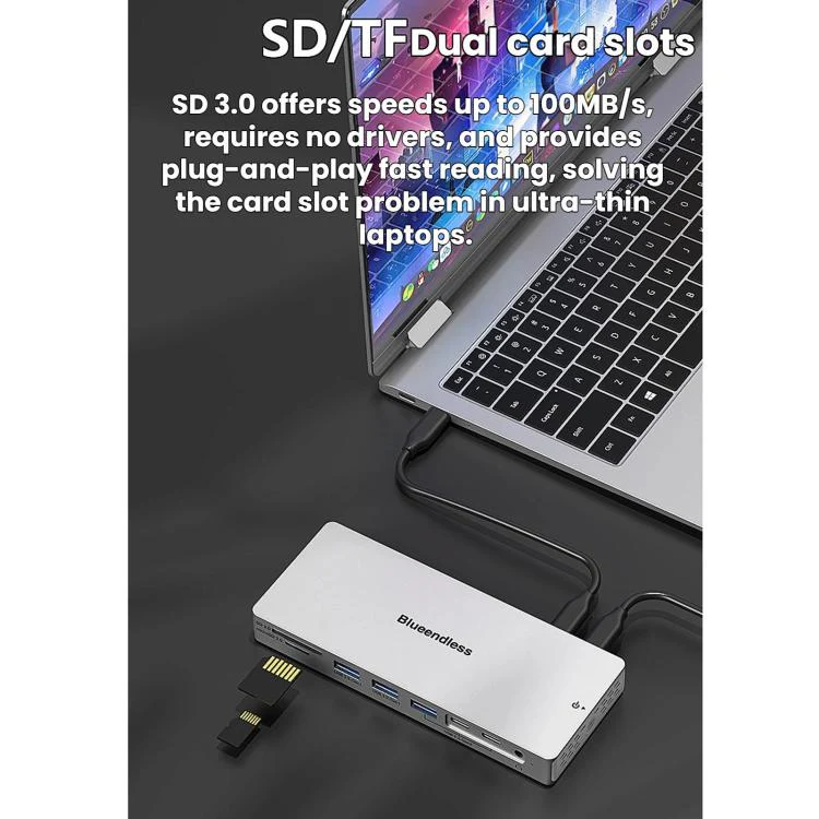 Blueendless Desktop Type-C Docking Station With 4K 60Hz Gigabit Ethernet USB 3.2 Ports(14 in 1) - Image 9
