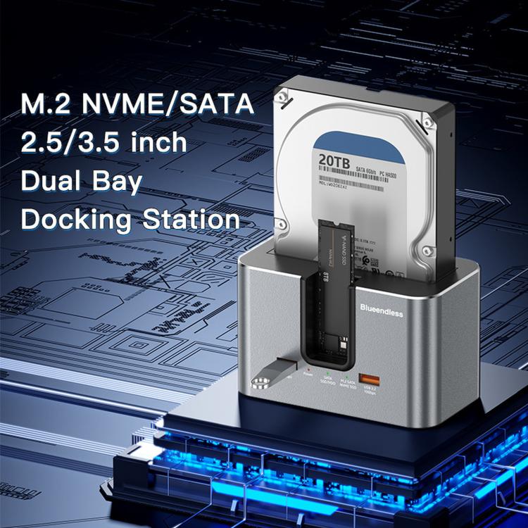 Blueendless HD01SN Dual Bay Docking Station For M.2 NVMe/SATA SSD And 2.5/3.5 SATA HDD, 10Gbps Multi-Drive Reader With 2 USB Hub Ports, Support 28TB EU Plug
