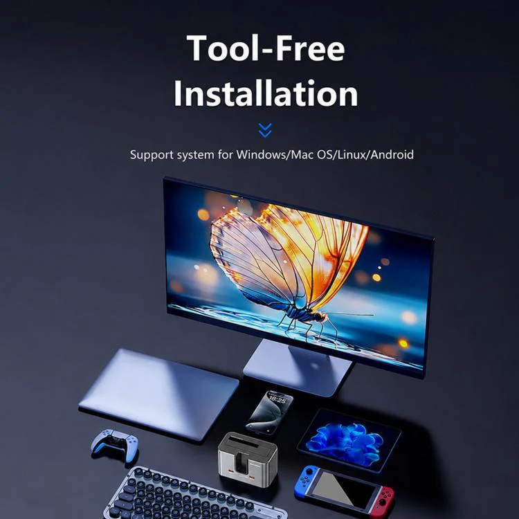Blueendless HD01SN Dual Bay Docking Station For M.2 NVMe/SATA SSD And 2.5/3.5 SATA HDD, 10Gbps Multi-Drive Reader With 2 USB Hub Ports, Support 28TB EU Plug - Image 12