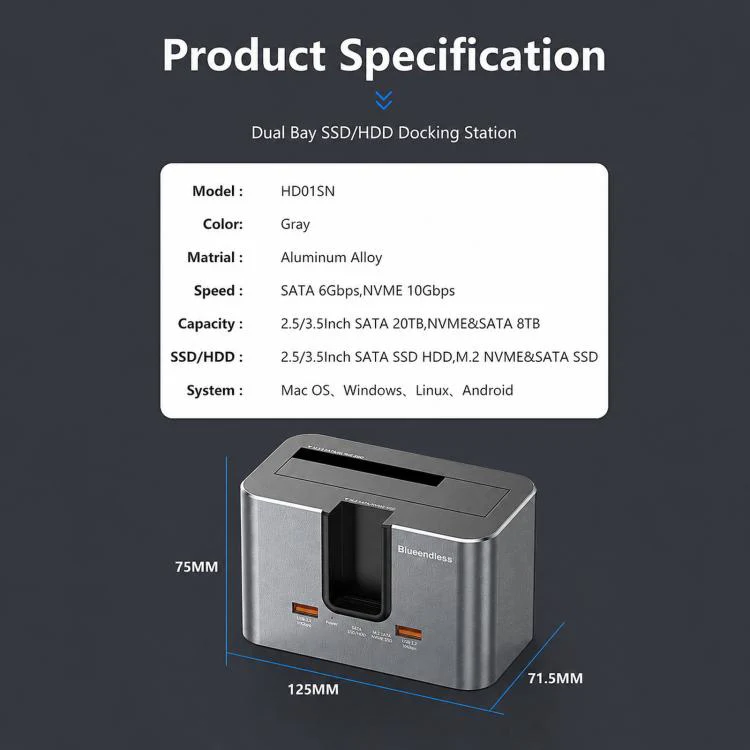 Blueendless HD01SN Dual Bay Docking Station For M.2 NVMe/SATA SSD And 2.5/3.5 SATA HDD, 10Gbps Multi-Drive Reader With 2 USB Hub Ports, Support 28TB EU Plug - Image 13
