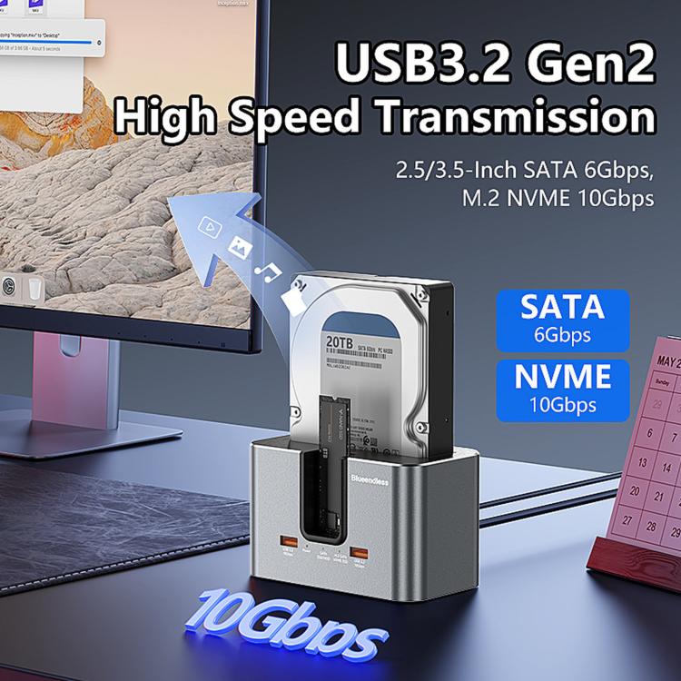 Blueendless HD01SN Dual Bay Docking Station For M.2 NVMe/SATA SSD And 2.5/3.5 SATA HDD, 10Gbps Multi-Drive Reader With 2 USB Hub Ports, Support 28TB EU Plug - Image 5