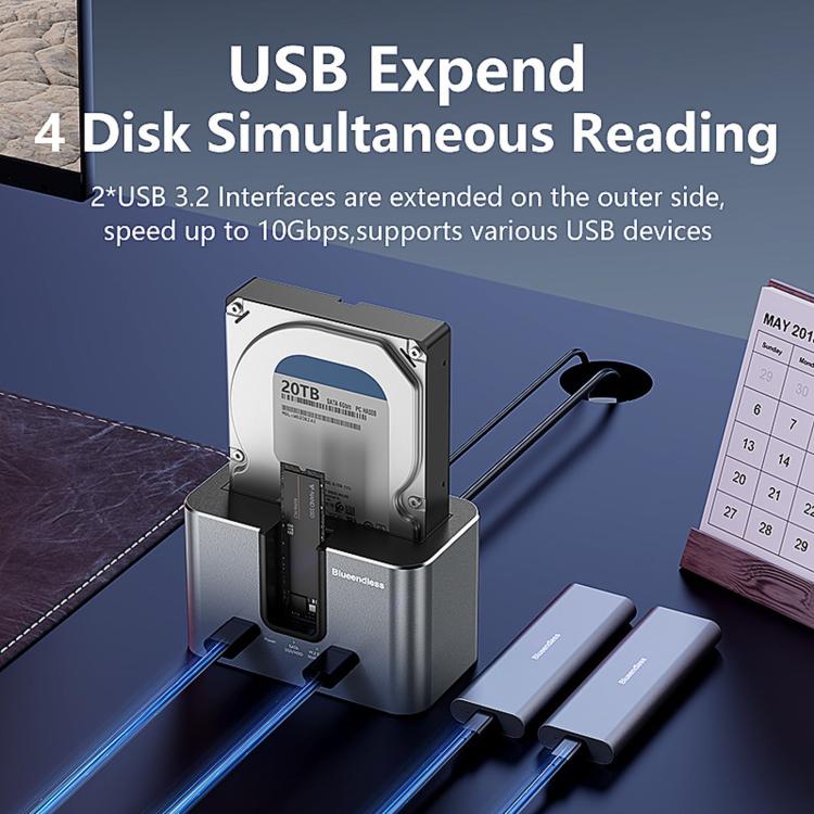 Blueendless HD01SN Dual Bay Docking Station For M.2 NVMe/SATA SSD And 2.5/3.5 SATA HDD, 10Gbps Multi-Drive Reader With 2 USB Hub Ports, Support 28TB US Plug - Image 6