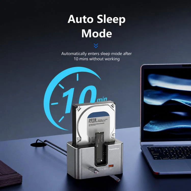 Blueendless HD01SN Dual Bay Docking Station For M.2 NVMe/SATA SSD And 2.5/3.5 SATA HDD, 10Gbps Multi-Drive Reader With 2 USB Hub Ports, Support 28TB US Plug - Image 8
