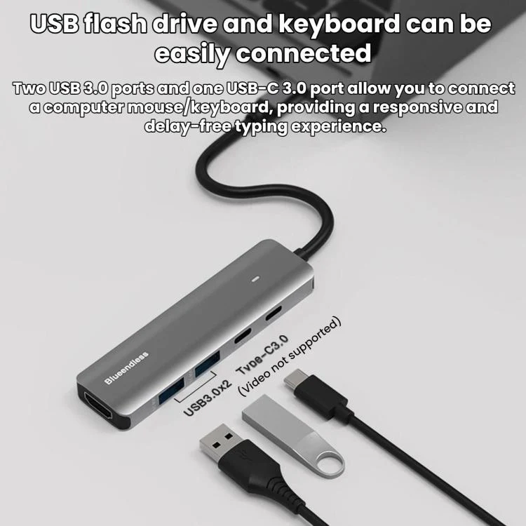 Blueendless HDMI 4K 60Hz Converter Type-C Dock(HDMI 2.0 + PD Charging + Type-C 3.0 + USB 3.0 x 2) - Image 3