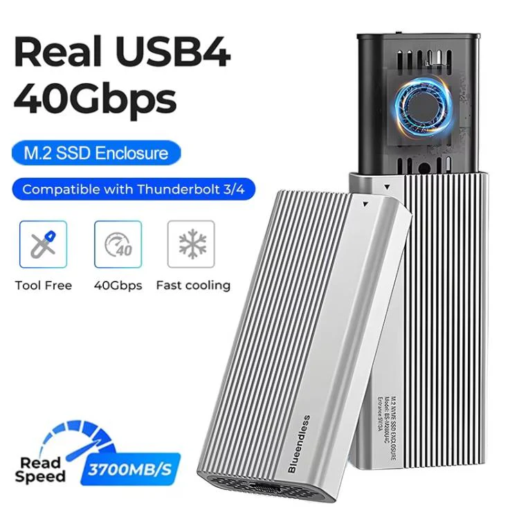 Blueendless M280U4C USB4 Portable Hard Drive Enclosure With Switch & Fan Solid-State M.2 NVMe Drive Enclosure External SSD Enclosure(Silver Gray) - Image 2