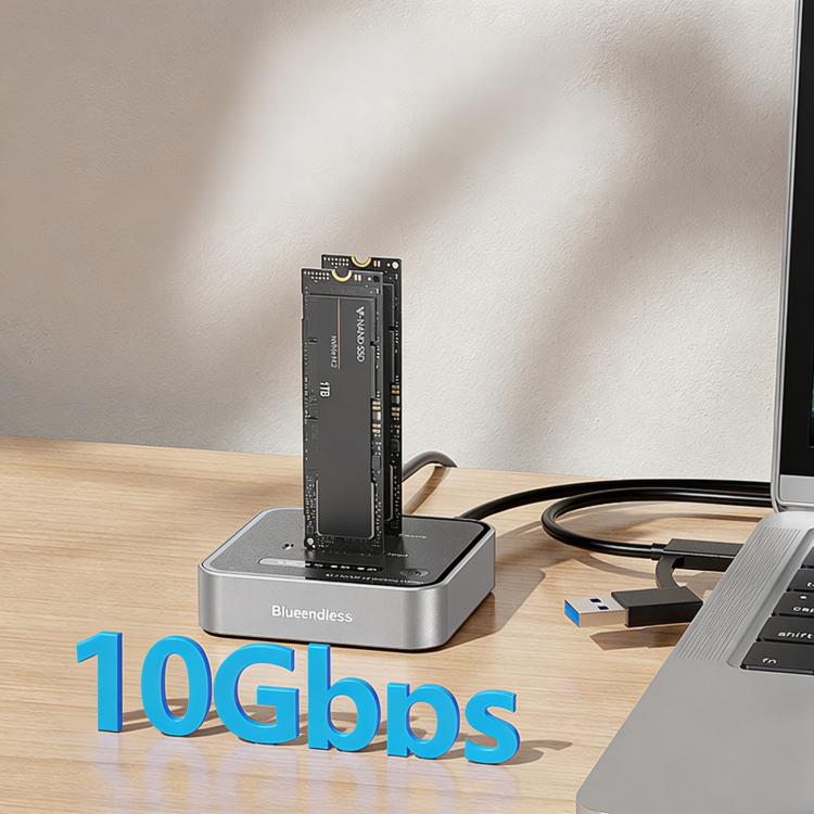Blueendless SD08A M.2 NVMe SSD Docking Station Dual-Bay USB 3.2 Gen2 10Gbps External Drive Enclosure With One-Key Offline Clone Function UK Plug