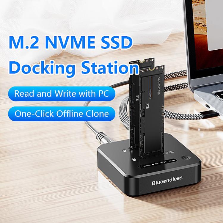 Blueendless SD08A M.2 NVMe SSD Docking Station Dual-Bay USB 3.2 Gen2 10Gbps External Drive Enclosure With One-Key Offline Clone Function UK Plug - Image 3