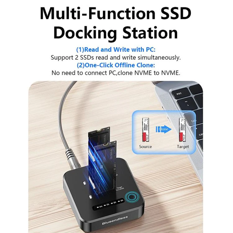 Blueendless SD08A M.2 NVMe SSD Docking Station Dual-Bay USB 3.2 Gen2 10Gbps External Drive Enclosure With One-Key Offline Clone Function UK Plug - Image 5