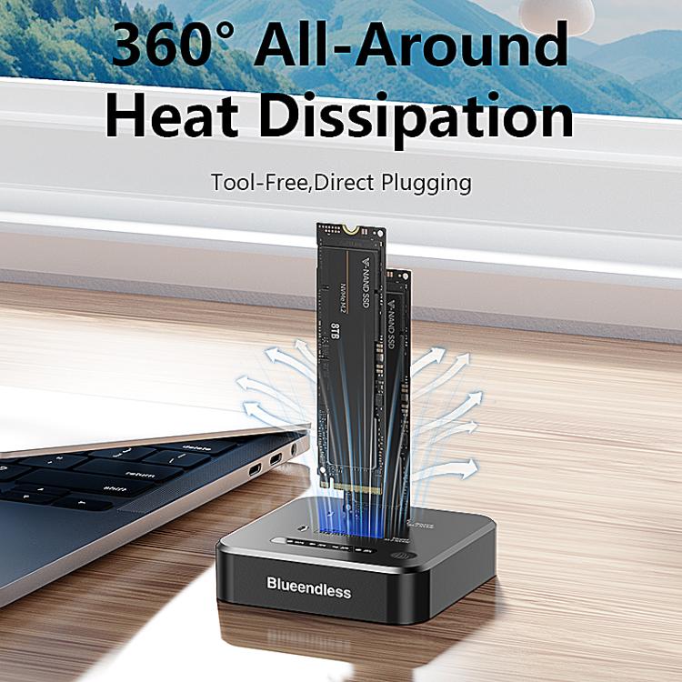 Blueendless SD08A M.2 NVMe SSD Docking Station Dual-Bay USB 3.2 Gen2 10Gbps External Drive Enclosure With One-Key Offline Clone Function UK Plug - Image 6