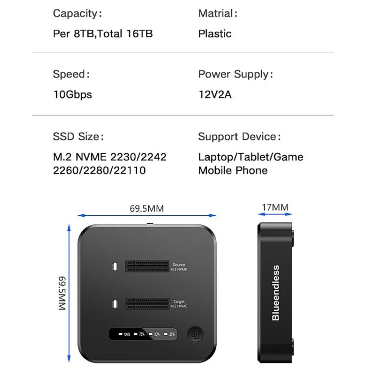 Blueendless SD08A M.2 NVMe SSD Docking Station Dual-Bay USB 3.2 Gen2 10Gbps External Drive Enclosure With One-Key Offline Clone Function US Plug - Image 10