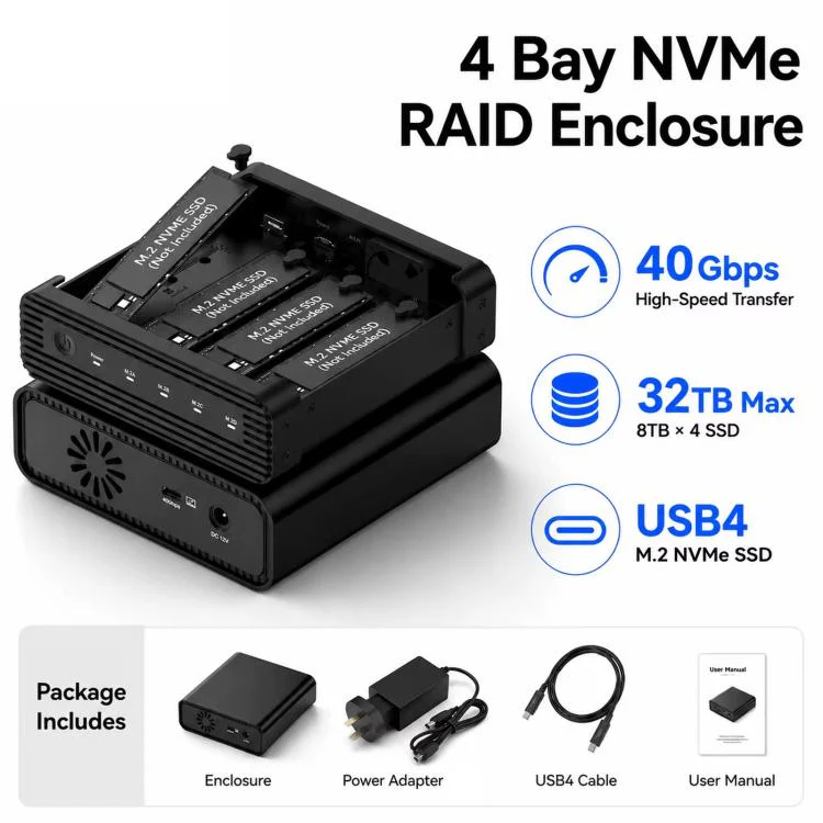 Blueendless USB4 NVMe M.2 SSD Enclosure, 40Gbps 4-Bay External Solid State Drive Case, Support Soft RAID 0/1/5, 32TB Capacity UK Plug - Image 2