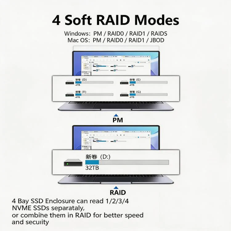 Blueendless USB4 NVMe M.2 SSD Enclosure, 40Gbps 4-Bay External Solid State Drive Case, Support Soft RAID 0/1/5, 32TB Capacity UK Plug - Image 3