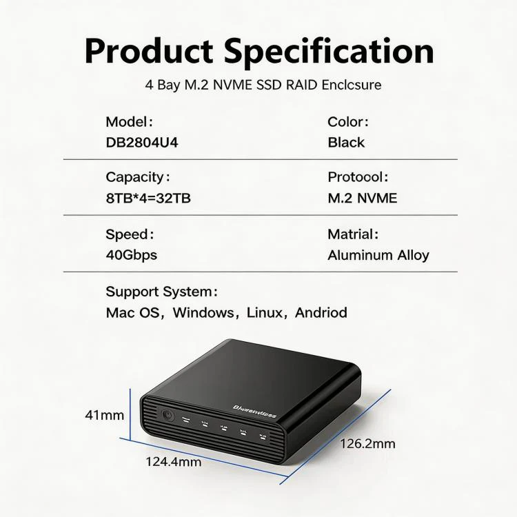 Blueendless USB4 NVMe M.2 SSD Enclosure, 40Gbps 4-Bay External Solid State Drive Case, Support Soft RAID 0/1/5, 32TB Capacity US Plug - Image 11