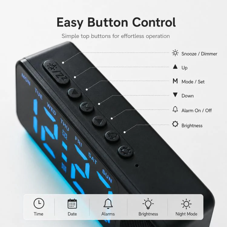 Bluetooth Speaker Digital Alarm Clock with Night Light Large LED Display Clock with Date, Dimmer and Dual Snooze Alarms(GH9025 Black Blue) - Image 7