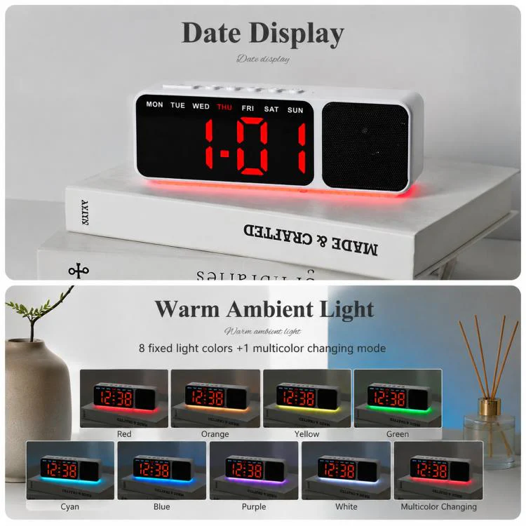 Bluetooth Speaker Digital Alarm Clock with Night Light Large LED Display Clock with Date, Dimmer and Dual Snooze Alarms(GH9025 Black Green) - Image 5