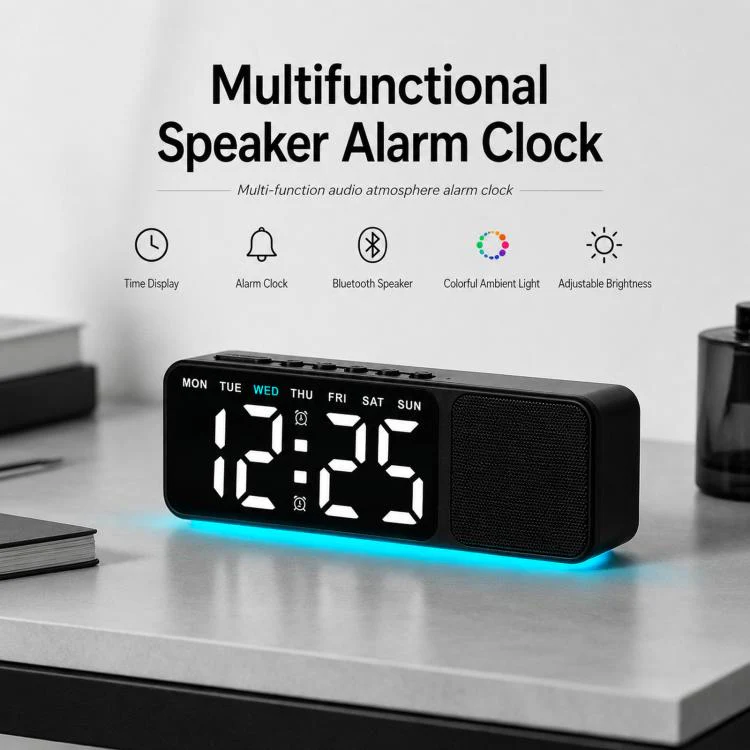 Bluetooth Speaker Digital Alarm Clock with Night Light Large LED Display Clock with Date, Dimmer and Dual Snooze Alarms(GH9025 Black Yellow) - Image 2