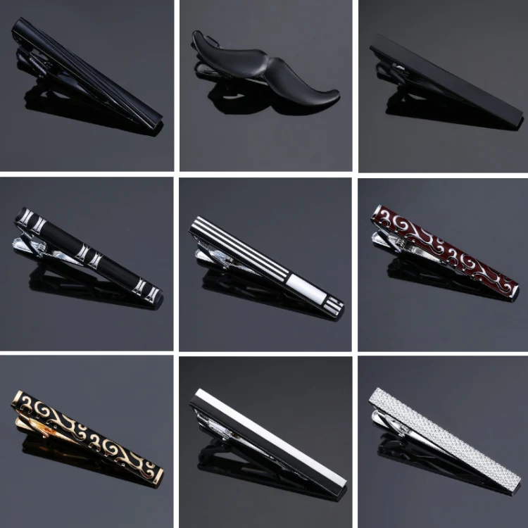 Brass Polished Gum Pattern Business Men Tie Clip, Color: Black Silver Stripe - Image 2