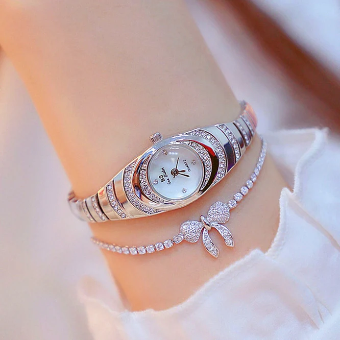 BS Bee Sister  FA1540  Ladies Oval Small Chain Watch with Diamonds(Silver)