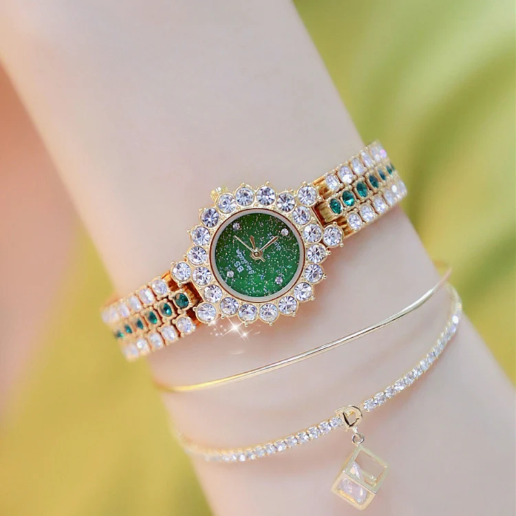BS Bee Sister FA1580 Sparkling Full Diamond Watch Temperament Women Chain Watch(Golden Green)