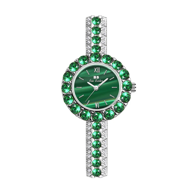 BS Bee Sister FA1698 Ladies Simple Temperament Retro Malachite Texture Small Green Watch(Silver)
