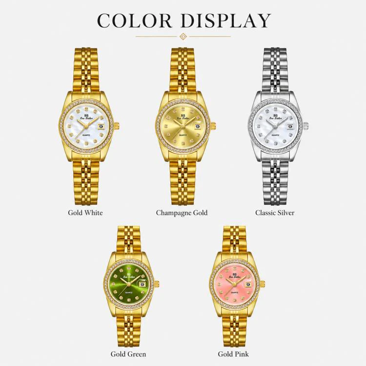 BS Bee Sister FA1787 Women Steel Band Dress Watch Rhinestone Bezel Analog Wristwatch with Date Calendar(Gold Green) - Image 3