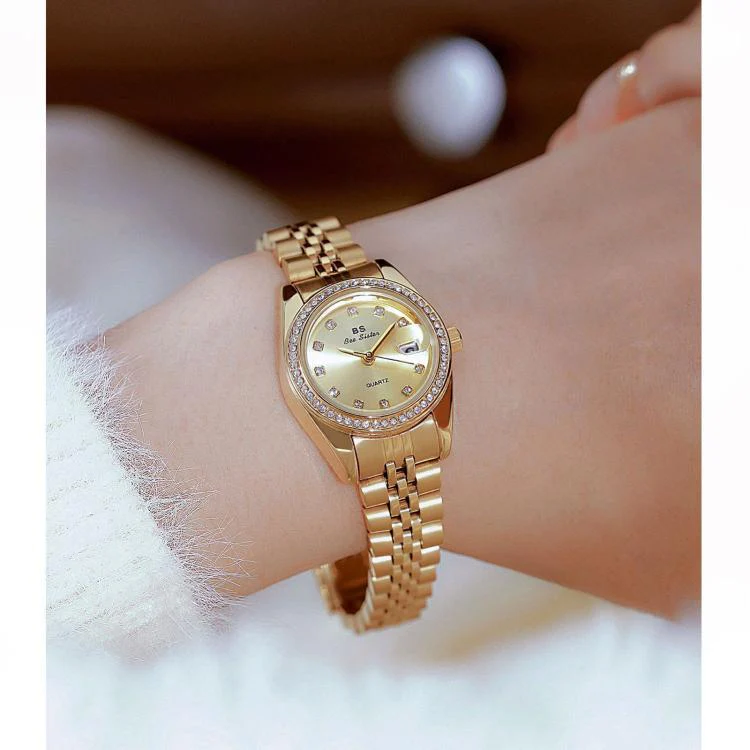 BS Bee Sister FA1787 Women Steel Band Dress Watch Rhinestone Bezel Analog Wristwatch with Date Calendar(Gold Green) - Image 7