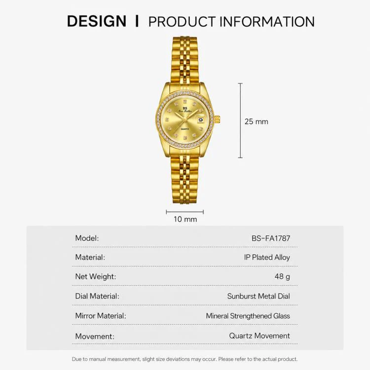 BS Bee Sister FA1787 Women Steel Band Dress Watch Rhinestone Bezel Analog Wristwatch with Date Calendar(Gold White) - Image 8