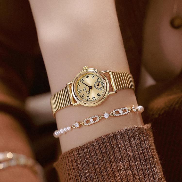 BS Bee Sister FA1870 Womens Vintage Small Round Watch With Bamboo Style Expansion Band & Small Seconds Dial(Gold White) - Image 4