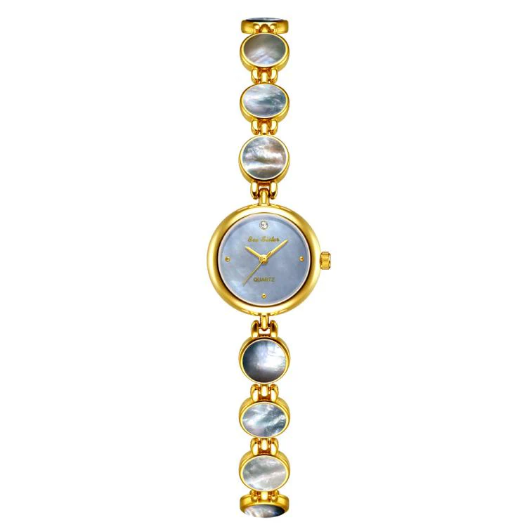 BS Bee Sister FA1873 Women Round Bracelet Watch Vintage Mother of Pearl Style Analog Quartz Dress Wristwatch(Black Gold)