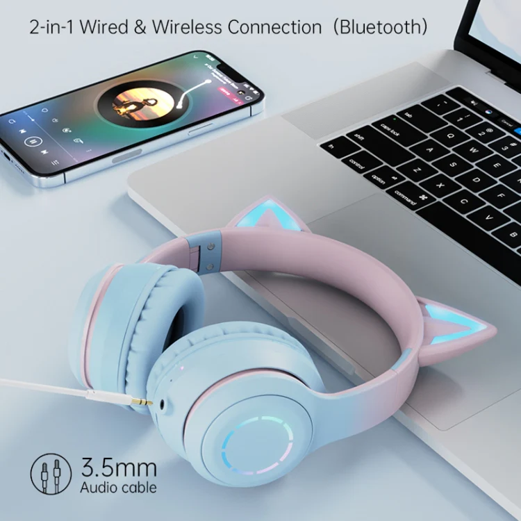 BT029C RGB Dual Modes Cat Ear Wireless Bluetooth Headphone(Pink) - Image 3