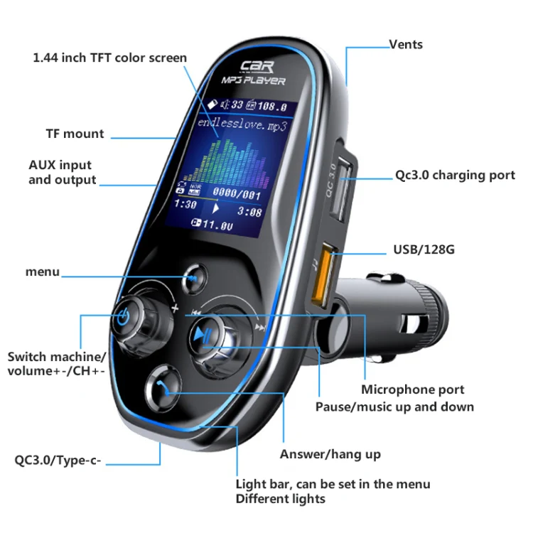 BT29 Color Screen Car Multi-functional Mp3 Player Multi-language Aux Out Card Bluetooth Adapter - Image 3