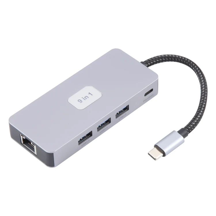 BYL-2318 9 in 1 USB-C / Type-C to USB3.0+Type-C+1000M Ethernet+HDTV+SD / TF Dual Card Slot Docking Station(Grey)