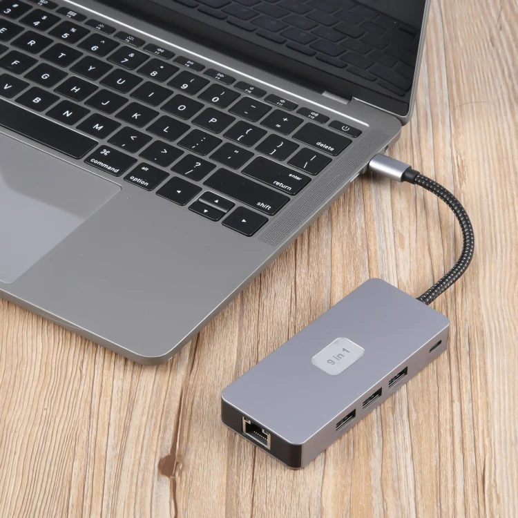 BYL-2318 9 in 1 USB-C / Type-C to USB3.0+Type-C+1000M Ethernet+HDTV+SD / TF Dual Card Slot Docking Station(Grey) - Image 6
